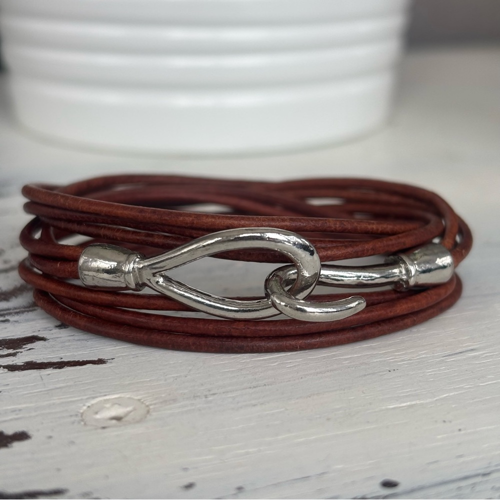 Triple Wrap Leather Bracelet with Silver Hook Clasp